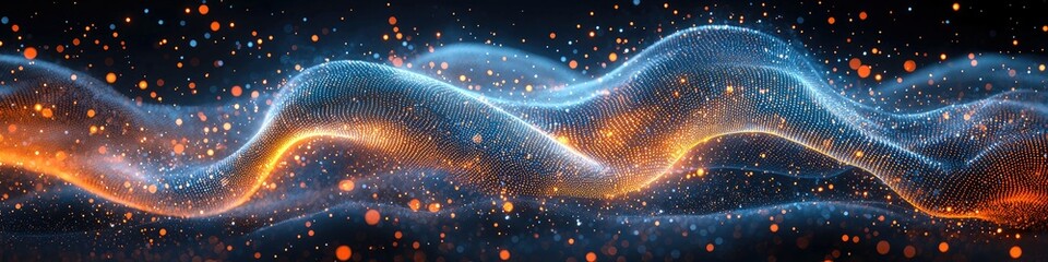 Poster - Abstract digital waves with glowing particles in a dark background.