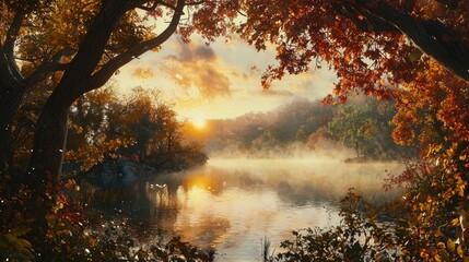 Poster - Misty autumn sunrise over calm lake framed by colorful trees.