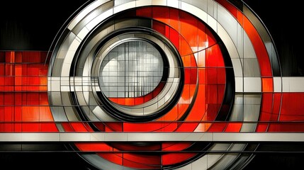 Poster - Abstract geometric design featuring circular and linear elements in red and silver tones.