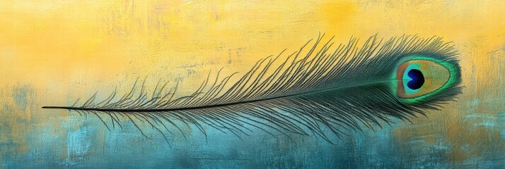 Poster - Close up view of a single peacock feather displaying intricate textures and vibrant colors for mock up design use. Generative AI