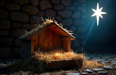 Christmas nativity scene. Wooden manger filled with hay. Warm light from inside manger. Star shines in night sky above manger. Religious scene representing birth of Jesus Christ.