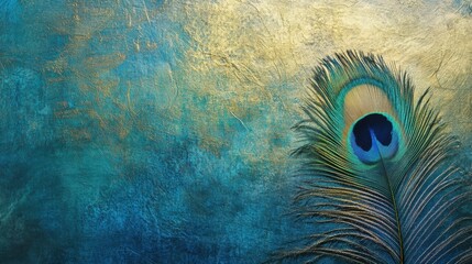 Fototapete - Intricate peacock feather against a colorful textured background with space for text and design elements. Generative AI