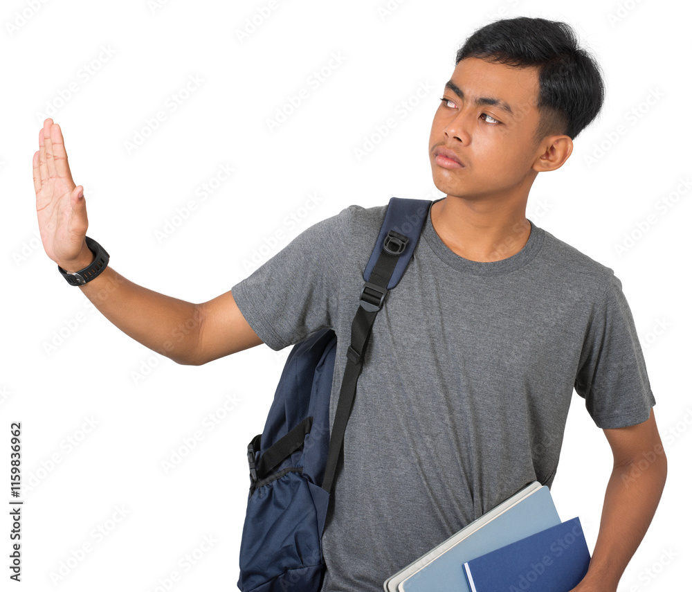 Student Stop Young college student doing stop gesture with hand standing over white ...