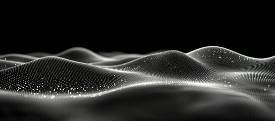 Poster - Abstract representation of flowing waves with a digital aesthetic and glowing particles.