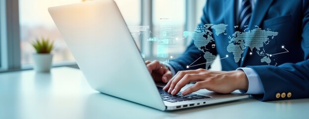Poster - Businessman uses laptop with global network connection. Digital data exchange displayed on screen. Modern tech business concept. Global business investment in action. Modern business person works.