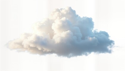 Poster - Fluffy cumulus cloud floats against white background. Soft lighting highlights cloud texture. Beautiful day scene. Abstract sky element. Cloud formation displayed isolated for design. Calm day