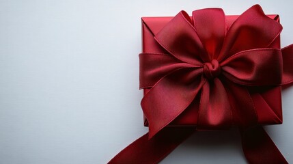 Wall Mural - Red gift box with a satin ribbon bow on white background.