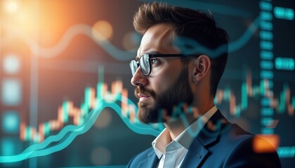 Poster - Businessman analyzes forex chart showing economic growth. Modern office setting. Expert observes market trends. Financial analysis, investment strategy in futuristic display. Monitors global economy