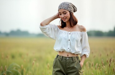 Young woman poses outdoors in field. Wears stylish white linen top, olive green pants. Patterned headscarf adds touch of style to casual summer outfit. Setting warm sunny day with background of