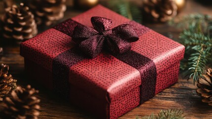 Wall Mural - Red gift box with maroon ribbon on wooden surface, surrounded by pine cones and fir branches.