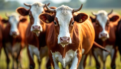 Group of cows grazing in pasture. Cows brown, white. In rural countryside setting. Sunny day. Agriculture, animal husbandry. Domesticated farm animals. Focus on central cow. Looks calm, content.