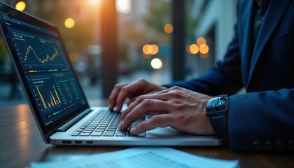 Poster - Businessman analyze sales data on laptop. Focused on performance management. Business growth strategy. Reviewing marketing indicators. Modern tech tools. Business concept. Financial reports. Digital