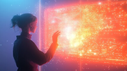 Poster - Woman interacting with futuristic holographic data display.