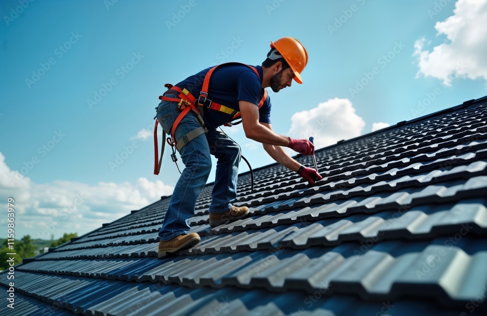Roofing Worker Installs New Roof Tiles Construction Worker Wearing roofing-worker-installs-new-roof-tiles-construction-worker-wearing