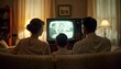 © Maryna - Family sits together on couch watching tv in living room. Vintage style photo from 1950s 1960s. Warm, cozy atmosphere. Engaged in shared activity. Nostalgic scene of family bonding. Scene captures