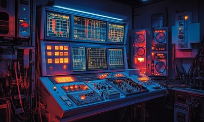 Futuristic control panel with glowing screens and buttons in a dark room.