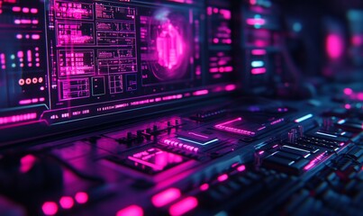 Futuristic tech control panel with vibrant pink interface displays data and system information.