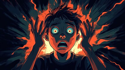  A terrified boy engulfed in a fiery explosion.