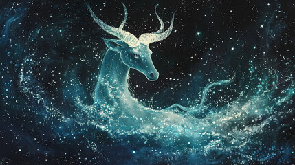 capricorn constellation glowing like seafoam amidst a dark galaxy, capricorn constellation seafoam, 