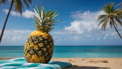 A pineapple rests on a beach towel by the ocean, capturing a tropical leisure scene.