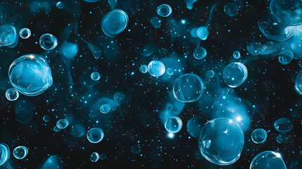 Wall Mural - abstract celestial teal clusters scattered on a rich black background with glowing nebula effects an
