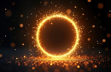 Poster - golden glitter circle of light sparkles on black background. golden spark particles form circular fr