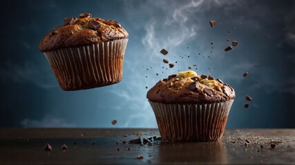 Two floating chocolate muffins, with pieces of chocolate scattering around them.