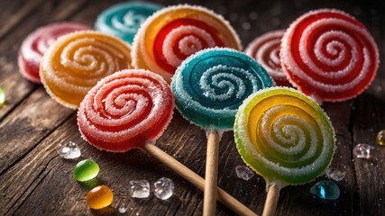 Wall Mural - Colorful lollipops arranged on a wooden surface, showcasing vibrant swirls and sugary texture.