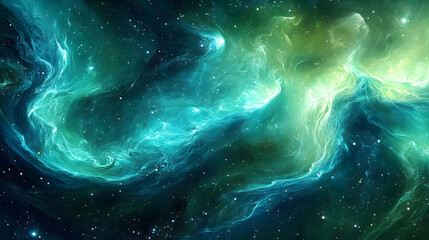 Wall Mural - celestial abstract art of icy blue streams flowing over a vibrant green background with glowing nebu