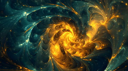 Wall Mural - radiant abstract background of golden dust spiraling on a dark teal backdrop with glowing nebula eff