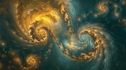 radiant abstract background of golden dust spiraling on a dark teal backdrop with glowing nebula eff