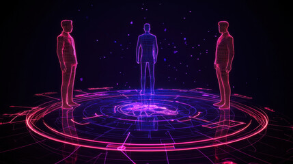 Fototapete - Digital hologram of three figures in futuristic setting, glowing lines