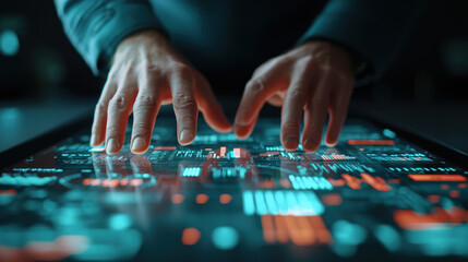 Poster - Futuristic technology interface with hands interacting on touchscreen