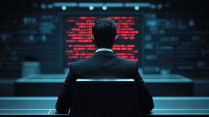 Poster - focused man in suit sits at desk, analyzing data on screen