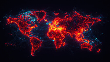 Aufkleber - digital world map with glowing connections in red and blue tones