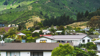 Poster - Picton new zealand small town houses surrounded by green trees and hills