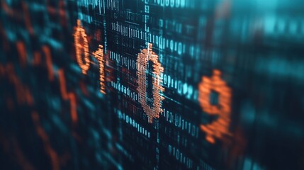 Fototapete - Abstract digital code background with glowing orange digits forming a padlock symbol.