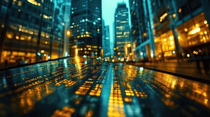Poster - Night city street reflecting financial data on ground.