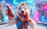 cheerful polar bear in snowy village with vibrant lights and aurora in sky