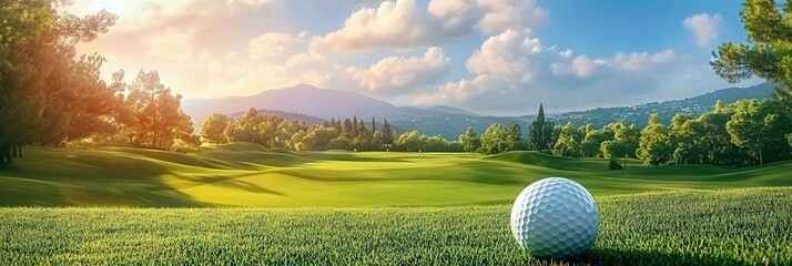 Wall Mural -  Golf ball in luxury golf sport resort in nature with green grass, panorama