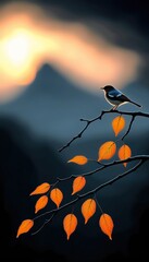 Wall Mural - A small bird perches on a branch with vibrant orange autumn leaves, silhouetted against a breathtaking sunset. Tranquil nature scene.