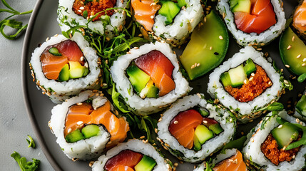 Wall Mural - Delicious sushi rolls with fresh fish and vegetables on plate Generative Ai