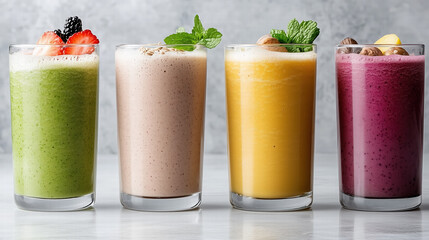 Poster - Fresh smoothies in colorful glasses with fruits and mint garnish Generative Ai