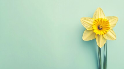 Aufkleber - A bright yellow daffodil against a soft seafoam green background, close-up top view, Minimalist style