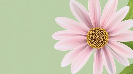 Poster - A cheerful daisy in shades of pink and white, each petal delicately outlined in sunlight, on a light green background like fresh spring leaves
