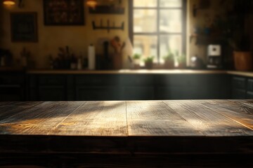 Wall Mural - Rustic wooden table in front of a sunlit kitchen.