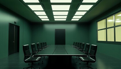 Poster - Dark green modern conference room with long table and chairs.