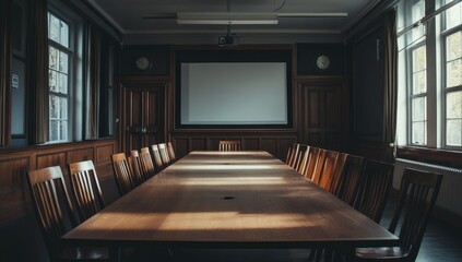 Poster - Long wooden conference table in a classic meeting room with projection screen.