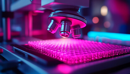 Poster - detailed view of optical microscope biolab, showcasing vibrant colors and advanced technology