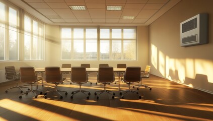 Wall Mural - Sunlit modern conference room with long table and chairs.